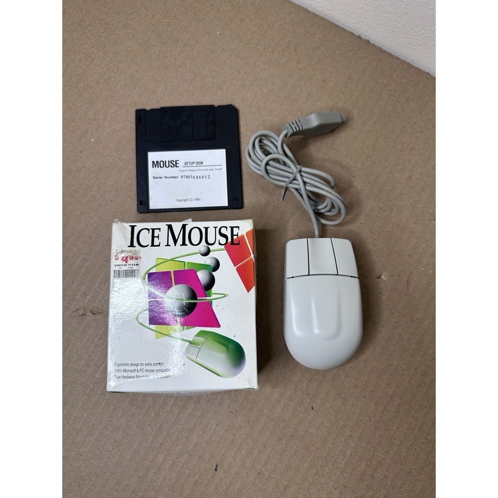 Vintage Ice Mouse Ergonomic PC Serial Mouse MUS2S Box Floppy Disk Retro 420 DPI